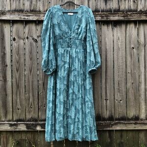 ASOS Curve Burnout Maxi Dress Size 18 Teal Shirred Waist Pleated Balloon Sleeve